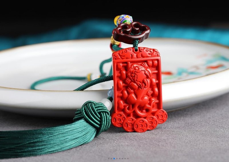New American natural ore cinnabar boutique red sand Pixiu abacus car hanger - สร้อยคอ - เครื่องเพชรพลอย 