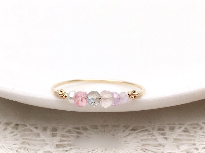 Pink and Grey Gemstone - 5 kinds of natural stones and freshwater pearl wire ring - แหวนทั่วไป - เครื่องเพชรพลอย สึชมพู