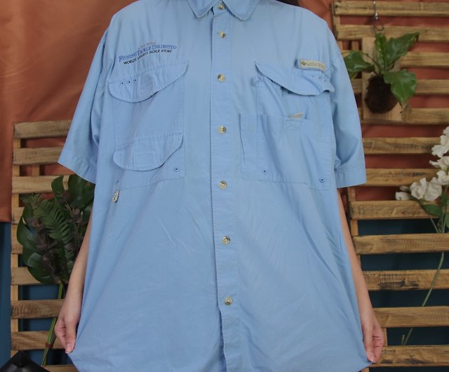 Columbia vintage fishing shirt A15 light blue embroidery [Tsubasa