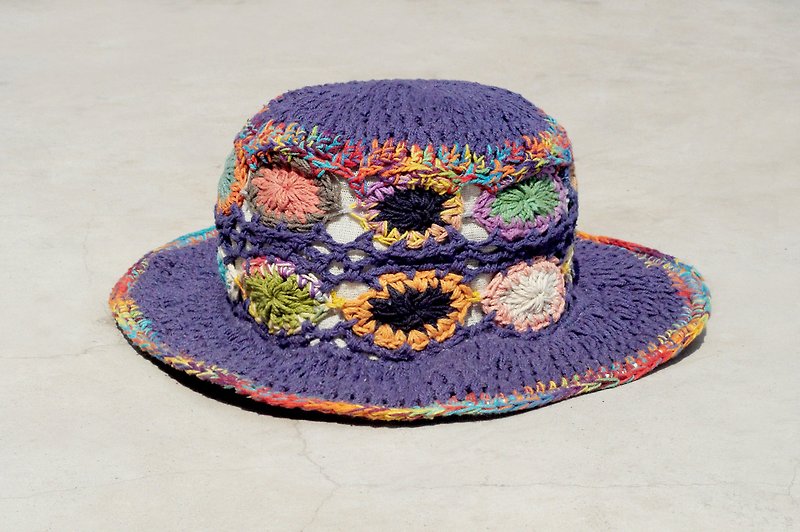 Valentine's Day gift limited handmade knitted cotton hood / weaving hat / fisherman hat / straw hat / sun hat / hook hat - blue purple forest flower weaving - หมวก - ผ้าฝ้าย/ผ้าลินิน หลากหลายสี