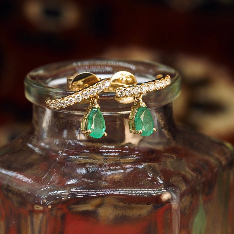 18K金祖母綠梨形鑽石條形耳環 18K Gold Dangling Emerald Pear D - 耳環/耳夾/耳骨夾 - 貴金屬 