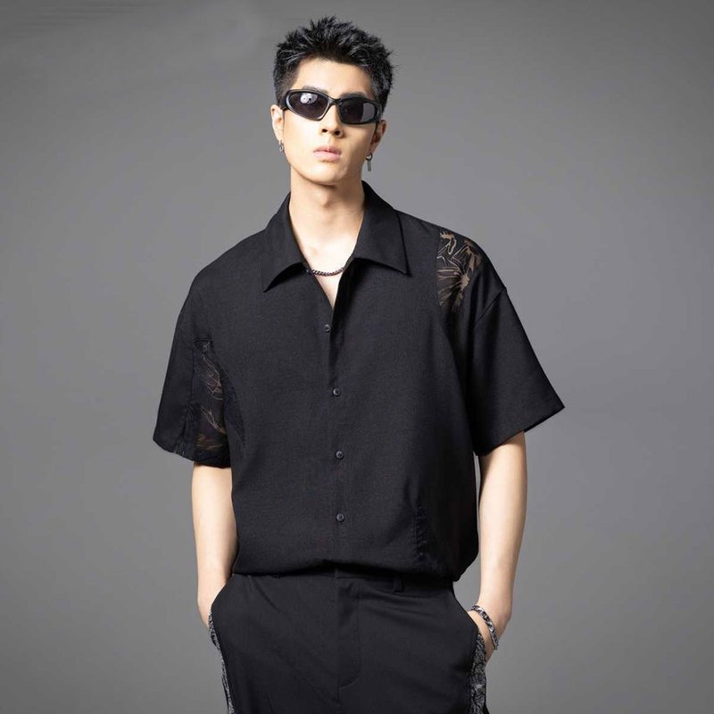夏季拼接镂空短袖襯衫 男士上衣透氣休閑襯衣 - 男襯衫/休閒襯衫 - 聚酯纖維 黑色