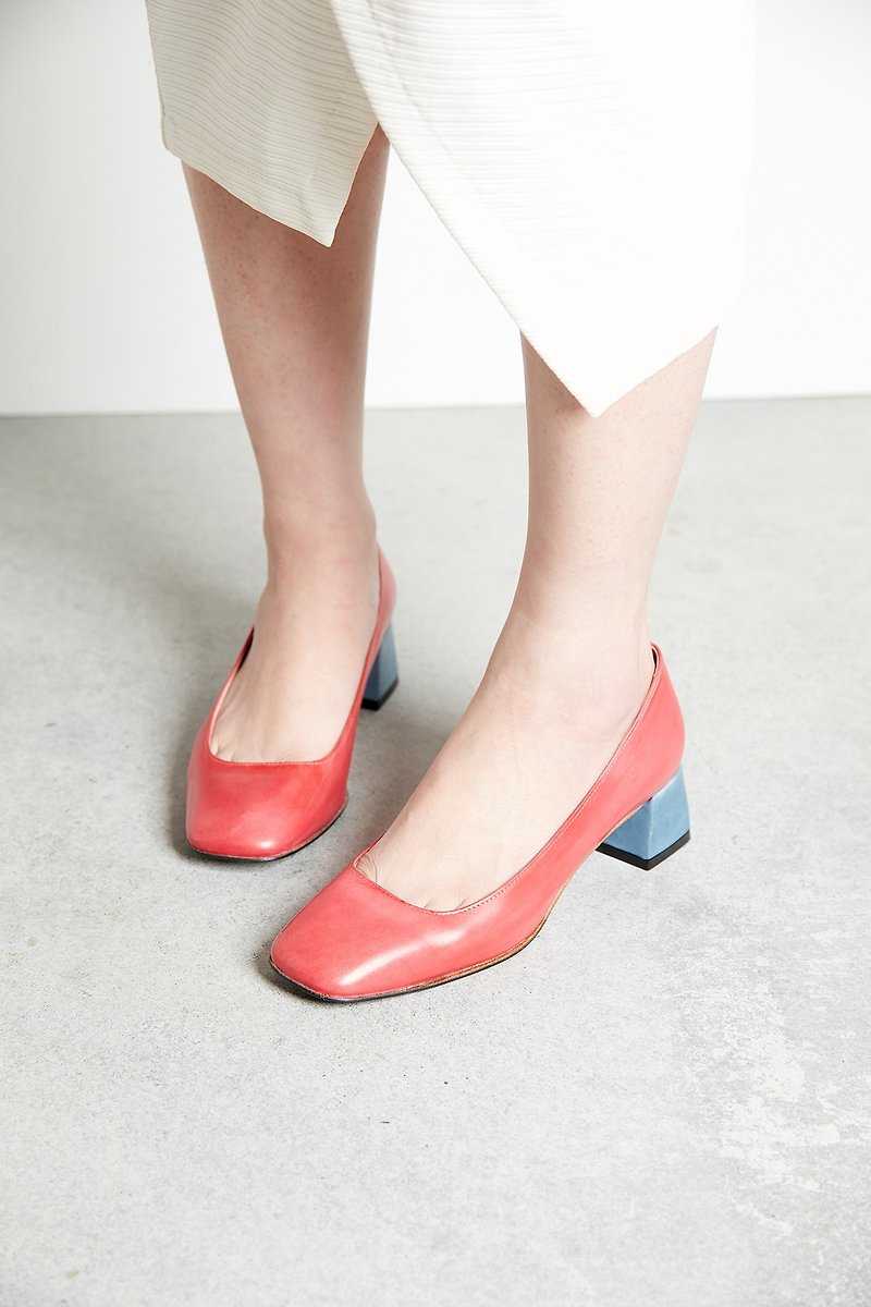 HTHREE Classic Square Heel Shoes / Rose Red / Square Toe Heels - รองเท้าอ็อกฟอร์ดผู้หญิง - หนังแท้ สีแดง