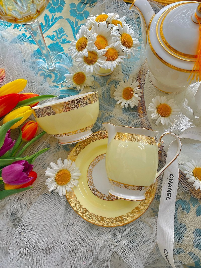 1950年英國製手繪24K 金鵝黃色檸檬黃古董奶壺糖碗 - 茶壺/茶杯/茶具 - 瓷 黃色