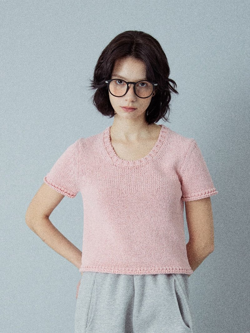 Cotton Chunky Scoop Neck Short Sleeve Knit Top_Pink_S M - 女上衣/長袖上衣 - 棉．麻 粉紅色