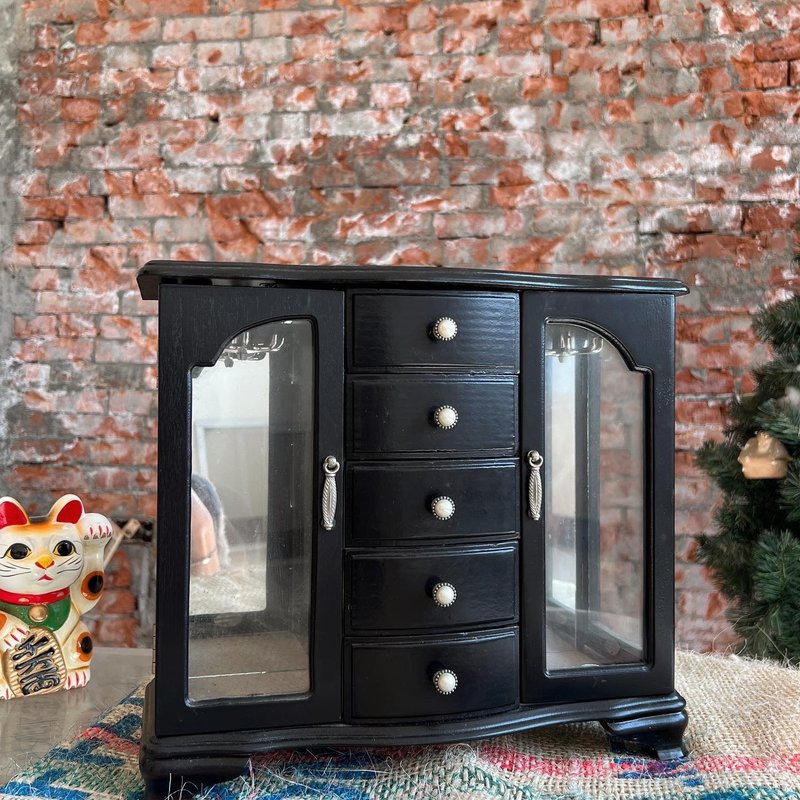 Early Solid Wood Black Double Door Jewelry Cabinet - Items for Display - Wood Black