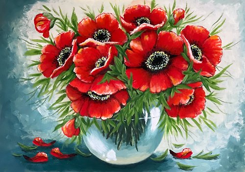 vernissage-VG-galery Bouquet of poppies in a vase. Painting Gouache.