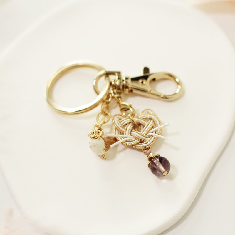 小鳥x香檳金貓型水引x彩瑩石匙扣 - 鑰匙圈/鑰匙包 - 其他金屬 金色