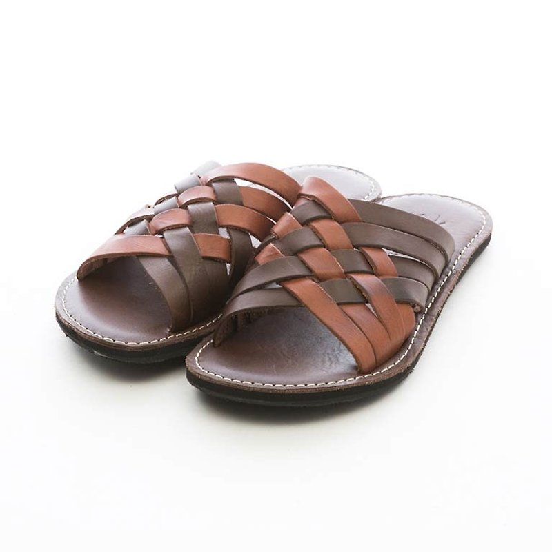 ARGIS Vibram two-color cowhide woven slippers #33124 deep / light brown - Japanese handmade - รองเท้าหนังผู้ชาย - หนังแท้ สีนำ้ตาล