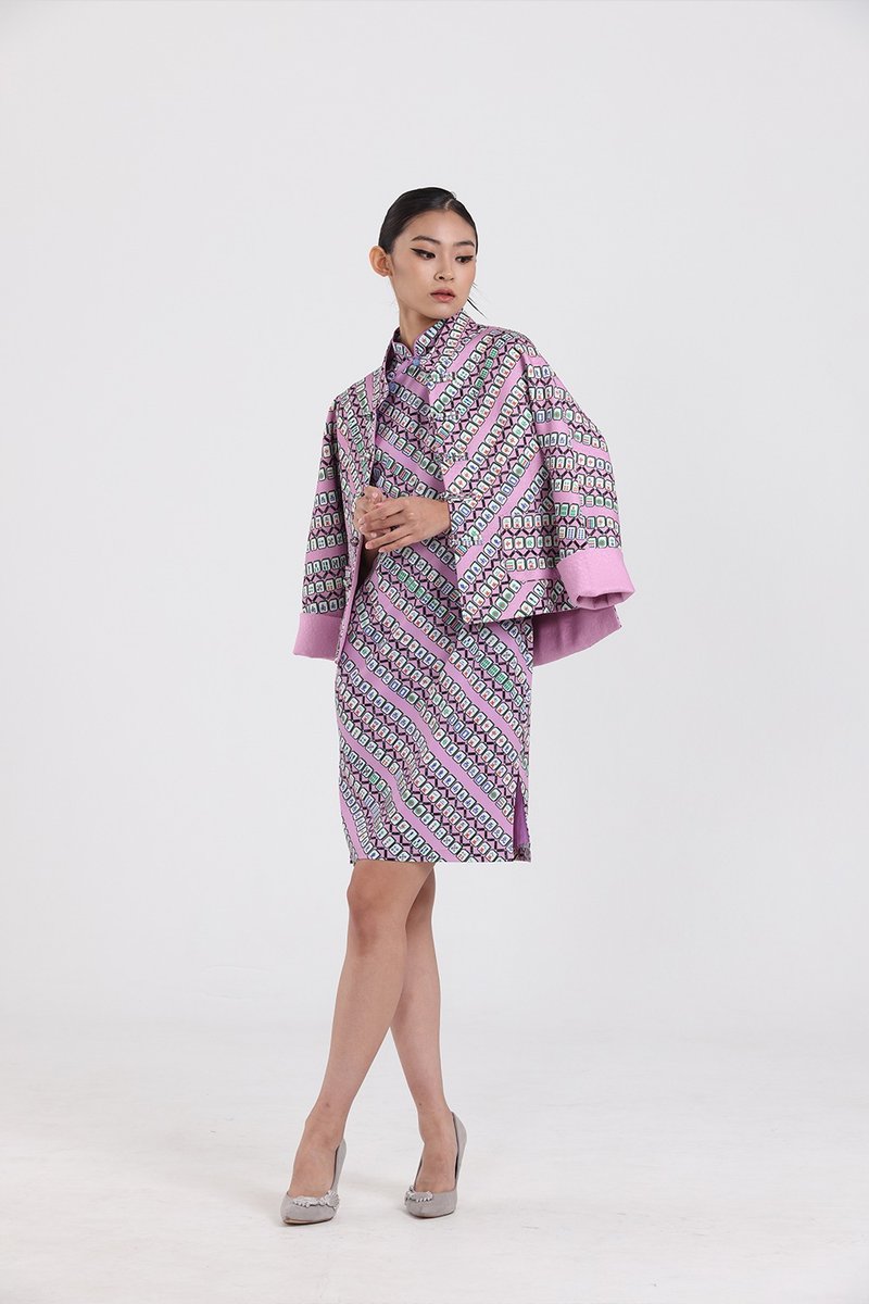 MAHJONG REVERSIBLE ORIENTAL JACKET (PURPLE / GREEN) - เสื้อแจ็คเก็ต - ผ้าฝ้าย/ผ้าลินิน 