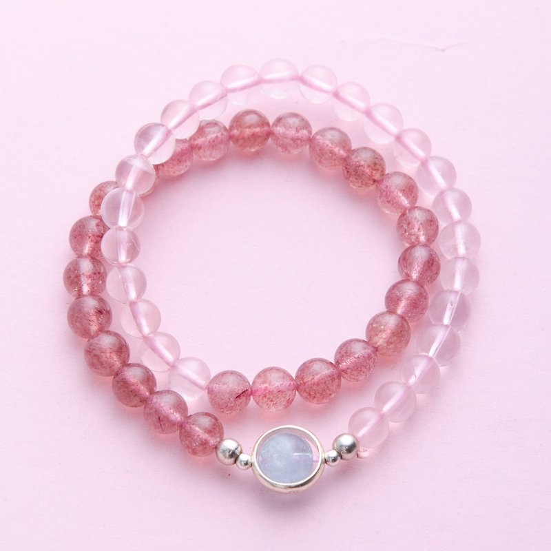 Rose Quartz Bracelet, Aquamarine Gemstone Sterling SIlver Multi Strand Bracelet - Bracelets - Crystal Pink