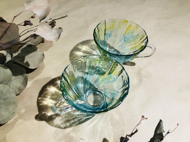 Green and yellow transparent glass flower tea cup coffee cup glass double cup tea cup flower tea cup double - Teapots & Teacups - Glass Transparent