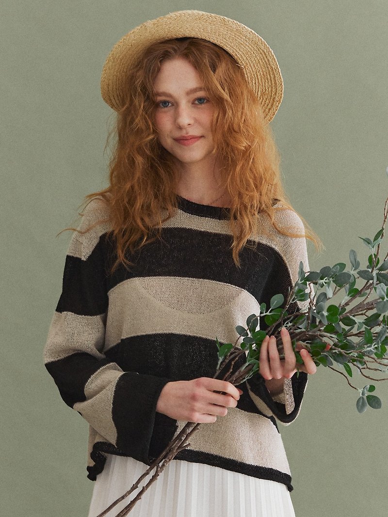 Linen Stripe Crop Summer Knitwear Top_Black Beige - 女裝 上衣 - 棉．麻 