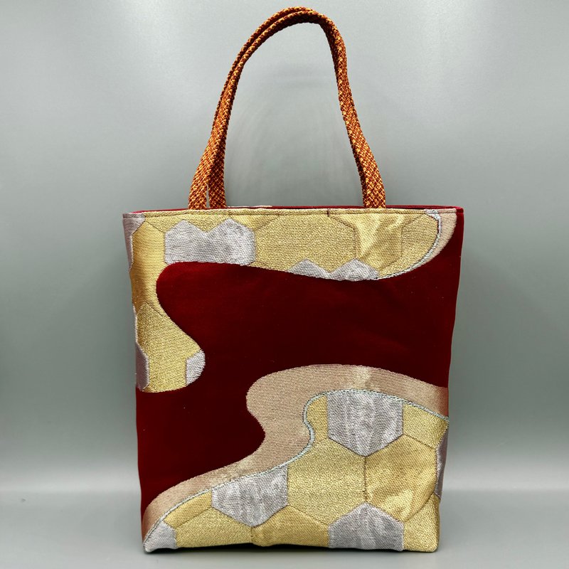 着物 帯 帯締め ハンドメイド トートバッグ リメイク 赤 金 - 手提包/手提袋 - 絲．絹 紅色