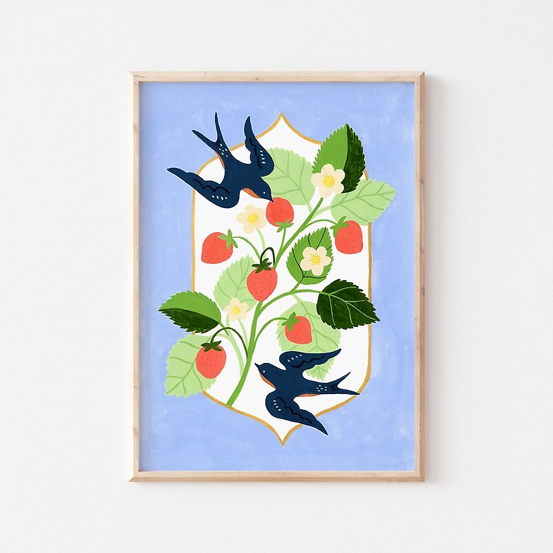 Strawberries with swallows  // Art prints - Posters - Paper Blue