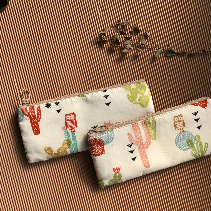 Rectangular zipper bag-owl and cactus. abbiesee special printing series - กล่องดินสอ/ถุงดินสอ - ผ้าฝ้าย/ผ้าลินิน สีส้ม