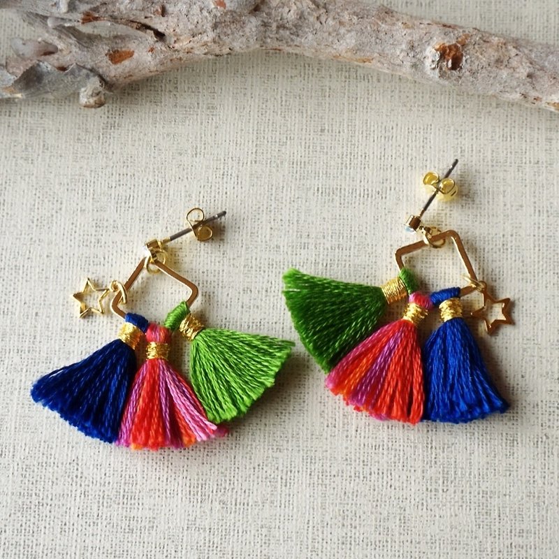 繡線 耳環/耳夾 綠色 - original tassel pierced earring tropical