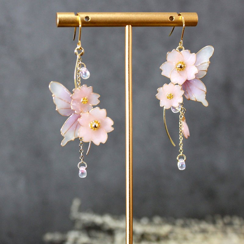 Cherry Blossom and Butterfly Asymmetrical Earrings Romantic and Elegant Earrings Clip-On - Earrings & Clip-ons - Resin Pink