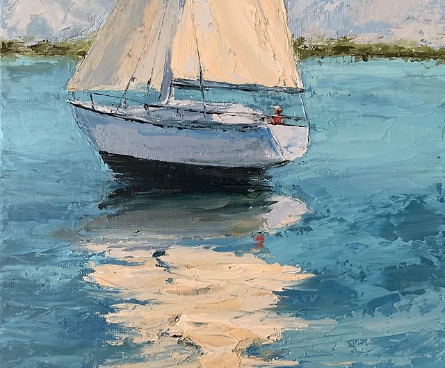 オリジナルの海景ヨットの絵画青い風景油絵インパストアートワーク 