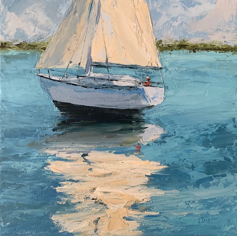 Original Seascape Sailboat Painting Blue Landscape Oil Painting Impasto Artwork - 壁貼/牆壁裝飾 - 棉．麻 多色