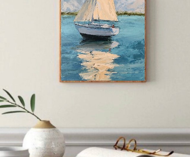 オリジナルの海景ヨットの絵画青い風景油絵インパストアートワーク 