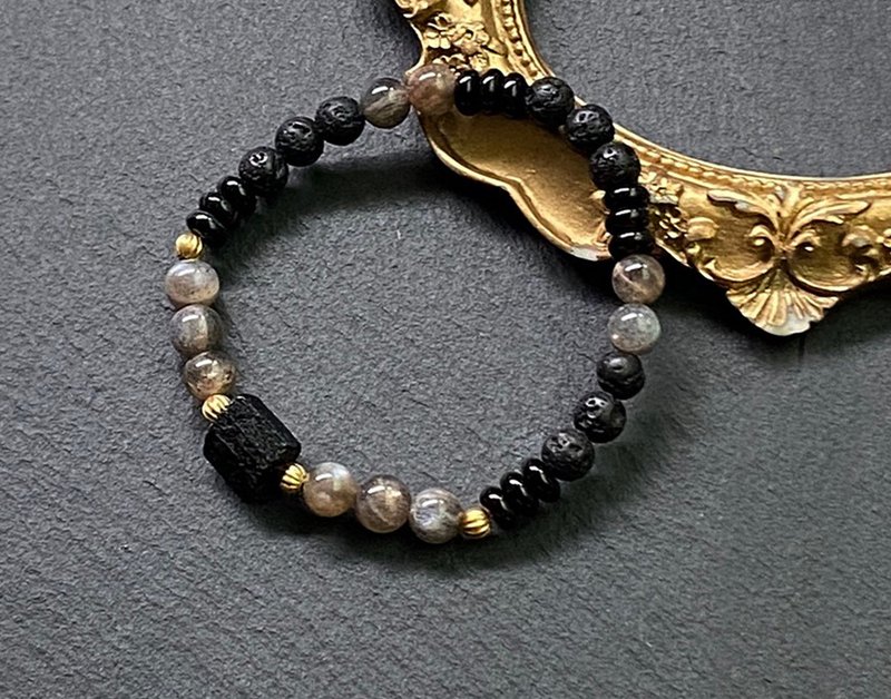 Lucky, evil and anti-villain-black gold backbone x black agate x volcanic rock x black tourmaline Bronze brass bracelet - สร้อยข้อมือ - คริสตัล หลากหลายสี