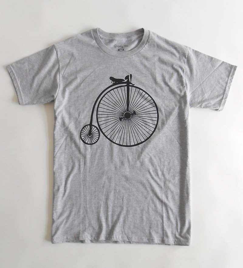 棉．麻 男装 上衣/T 恤 灰色 - 腳踏車圖案灰色T恤 自行車 日系休閒 情侶T恤 手工絲印 純棉 文青