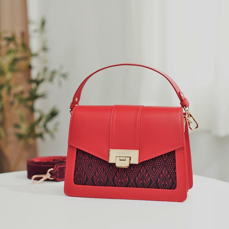 Hand-woven silk&amp;cotton with leather mini hand Bag Bright red