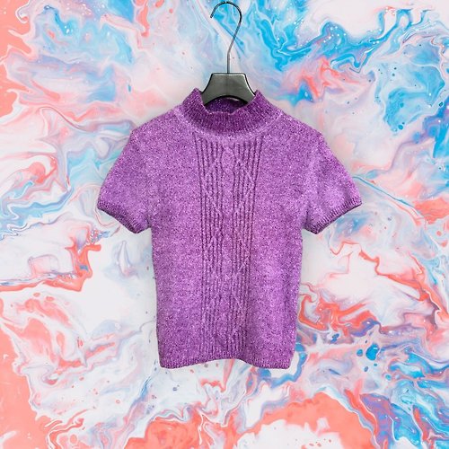 蘿綺莉蕾芭索 二手 紫色 閃亮 針織混毛料 彈性 短袖 上衣 G111