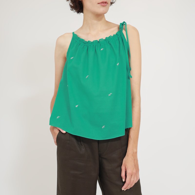 Spaghetti Cotton Tank Top, Embroidery, Summer top, Gypso, Green - 女上衣/長袖上衣 - 棉．麻 綠色