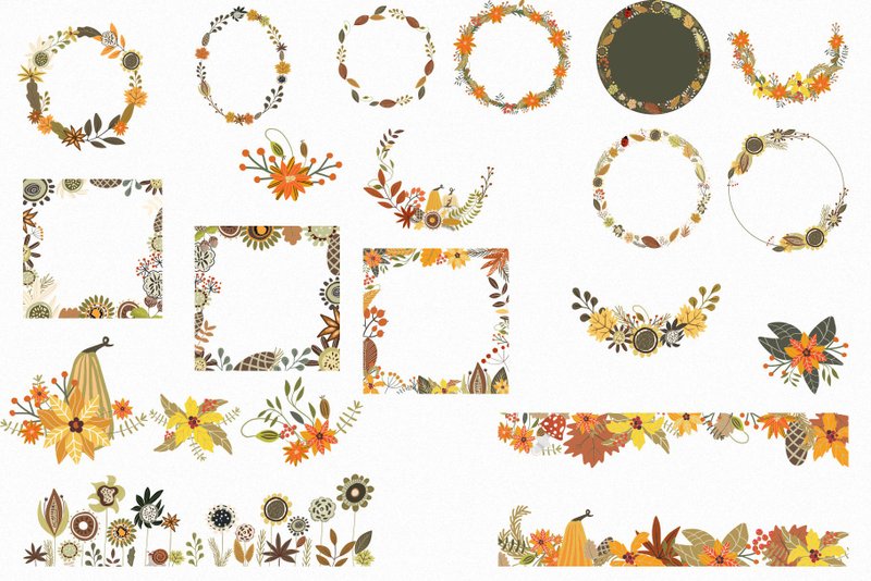 Thanksgiving vector, Frame clipart, Fall harvest clipart, Floral autumn wreath - Illustration, Painting & Calligraphy - Other Materials Orange