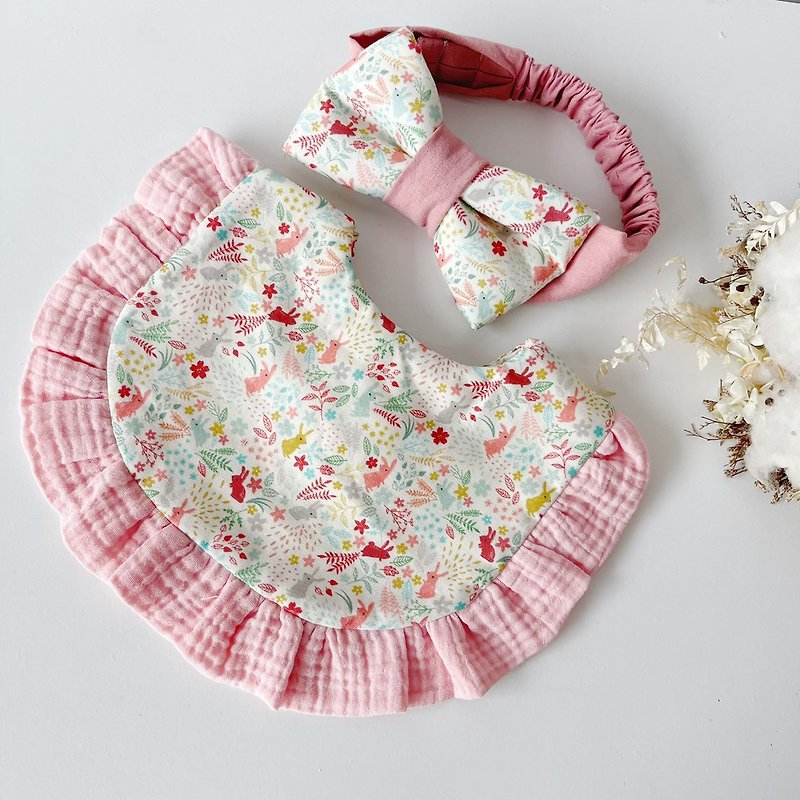 Pink mint grass rabbit moon gift box princess lotus leaf bib headband full moon gift catch week baby gift - Baby Gift Sets - Cotton & Hemp 