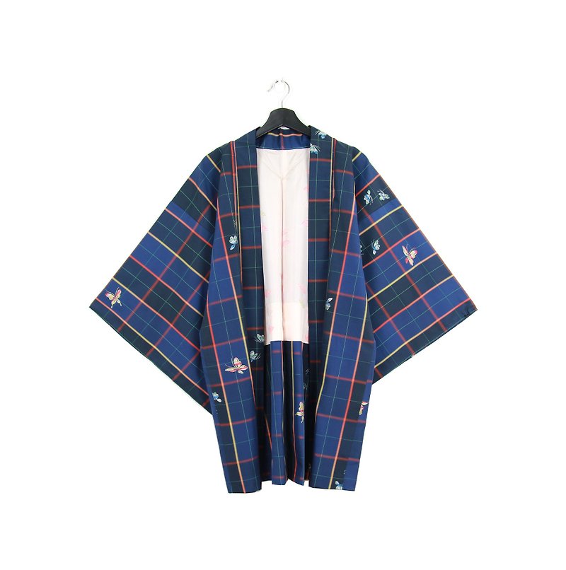 Back to Green Japan Bring Back Tibetan Navy Plaid Vintage kimono - Women's Casual & Functional Jackets - Silk 