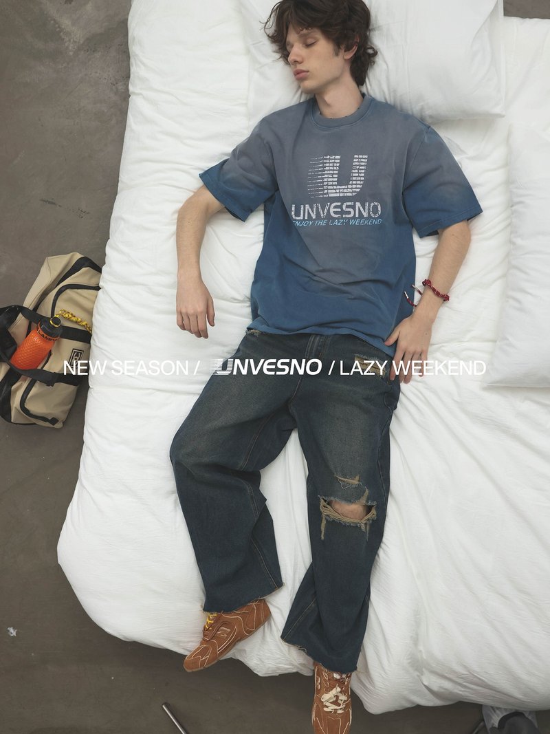 【Washed & Faded】Unvesno(UN) New Vintage Garment-Dyed Gradient Unisex T-Shirt - เสื้อยืดผู้ชาย - ผ้าฝ้าย/ผ้าลินิน 