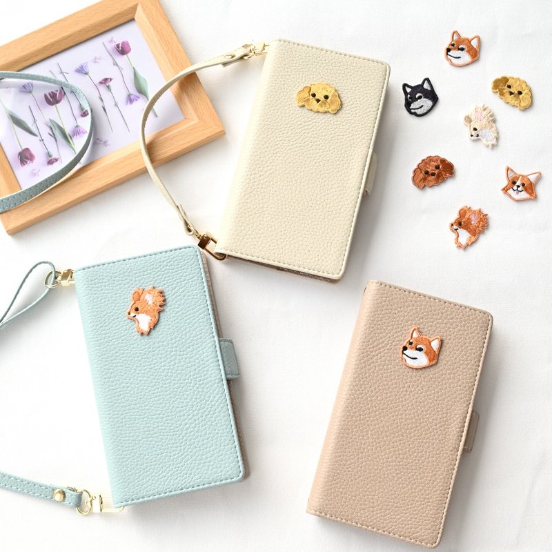 全機種対応 スマホケース 手帳型 【 simple ワッペン 犬 】 刺繍 スマホショルダー くすみカラー A252I - 手機殼/手機套 - 人造皮革 咖啡色