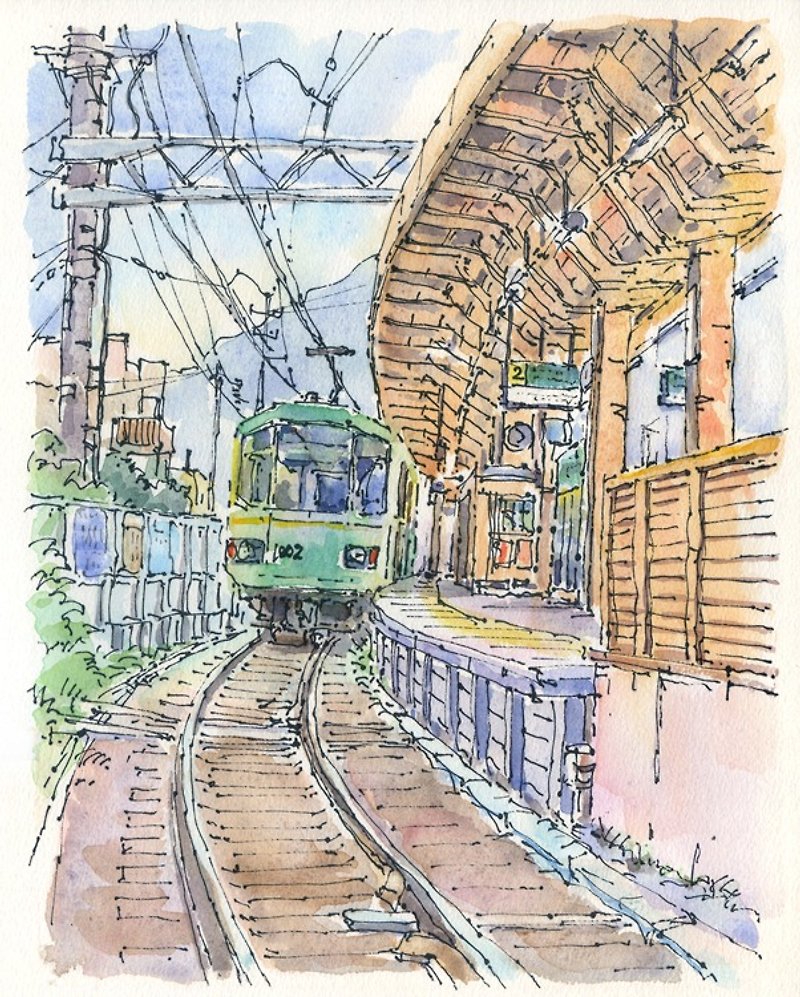 Watercolor picture Enoden Inamuragasaki Station - โปสเตอร์ - กระดาษ สีนำ้ตาล