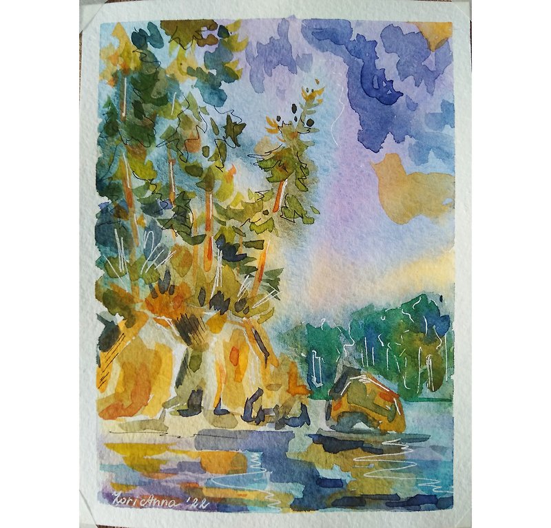 Watercolor Postcard Landscape Canada Art Original Small Art River - Posters - Paper Multicolor