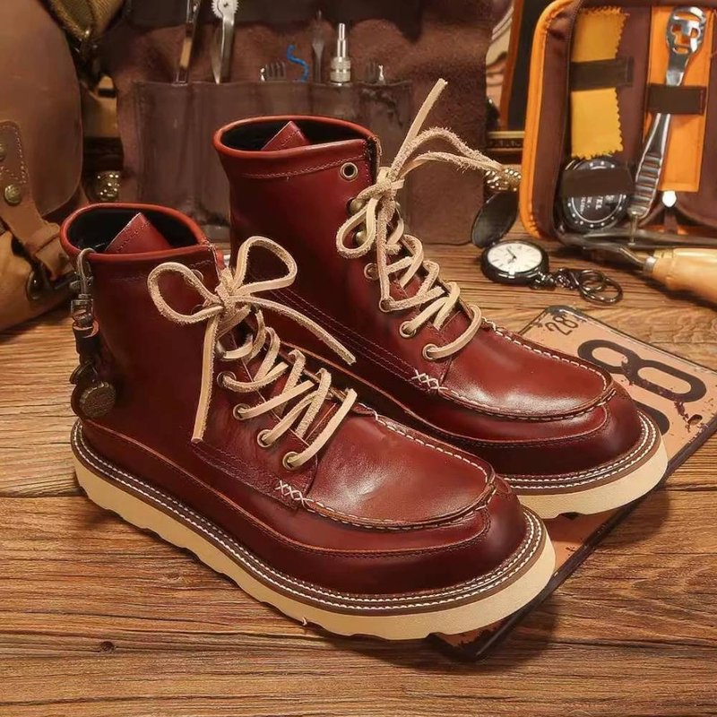 Vintage Men Martin Boots Genuine Leather Work Shoes British Style High-top Boots - รองเท้าบูธผู้ชาย - หนังแท้ สีนำ้ตาล