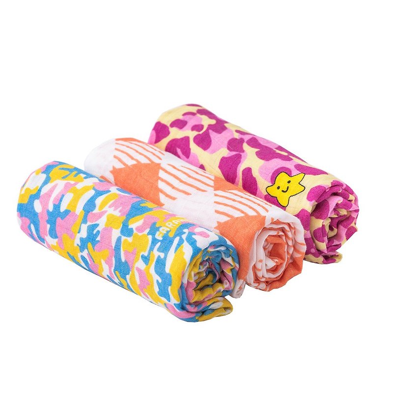 棉．麻 其他 - Farandole 竹纖維包巾-三件禮盒組-繽紛迷彩+橘色格紋+紫色幸運豹