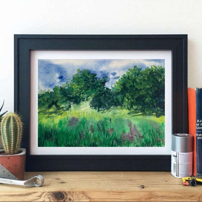 Original Green Watercolor Landscape Forest Painting Field Landscape Flowers Art - 壁貼/牆壁裝飾 - 紙 綠色