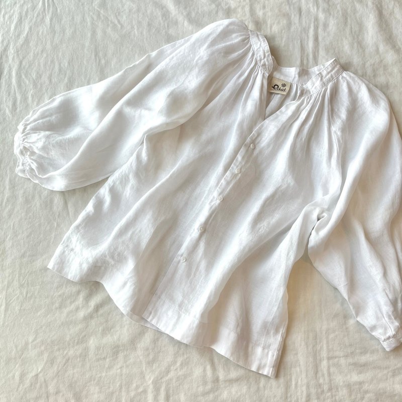 White linen bishop sleeved blouse - 女上衣/長袖上衣 - 亞麻 白色