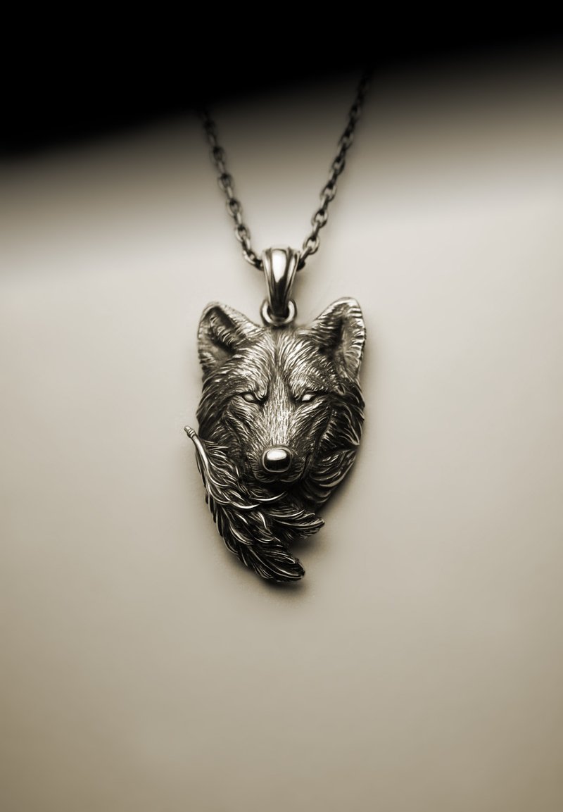 Indian Great Wolf Head Feather Necklace - Necklaces - Other Metals Silver