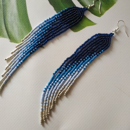 White Bird gallery of exquisite jewelry from Halyna Nalyvaiko Extra long blue gradient earrings Boho ombre earrings blue gold beaded earrings