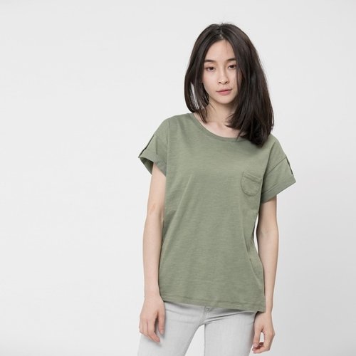 Slub yarn fabric cuff sleeve button shirt /Green