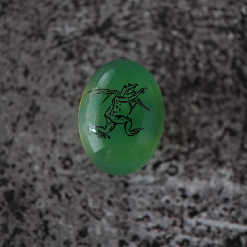 Green Agate and Choju-giga Frog Obi-dome, Ponytail Hook, Brooch - 心口針/胸針 - 寶石 綠色
