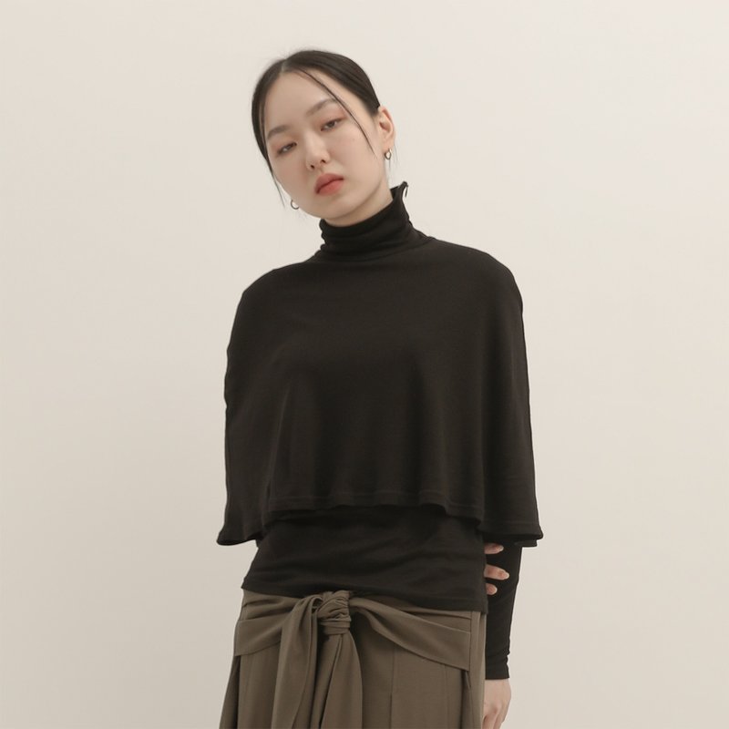 Sky_天際雙層高領上衣_CLT516_黑 - 女毛衣/針織衫 - 羊毛 黑色