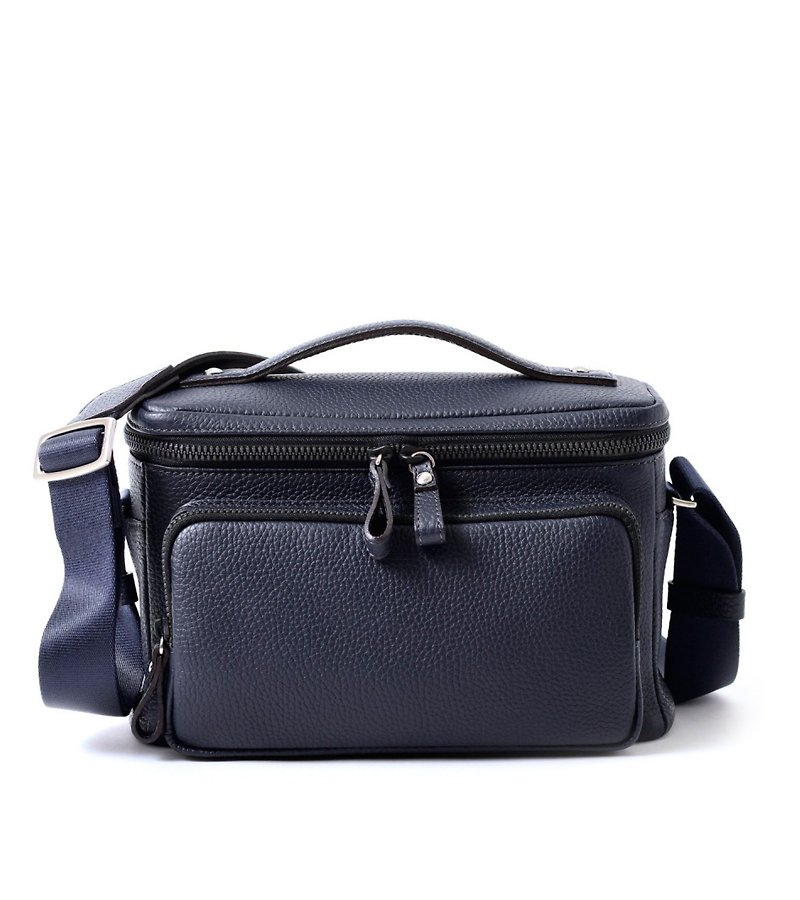 HIROSHI SEO Litchi Grain Leather Zipper Flip Light Travel Camera Bag-Dark Blue - Camera Bags & Camera Cases - Genuine Leather Blue