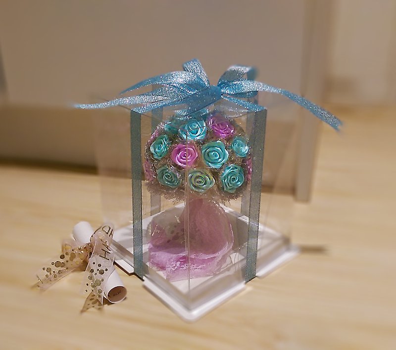 【客製化】珠寶捧花Tiffany藍 粉紫玫瑰 手工珍珠緞帶花束 - 乾花/永生花 - 植物．花 藍色