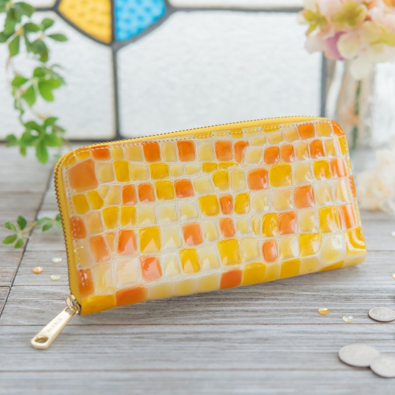 日本製造　牛皮　錢包　 彩色玻璃　橙色　made in JAPAN handmade leather wallet - 錢包/皮夾/長短夾 - 真皮 橘色