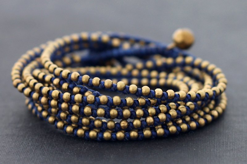 Blue Beaded Wrap Bracelets Brass Stud Knot Anklets Necklaces - สร้อยข้อมือ - ผ้าฝ้าย/ผ้าลินิน สีน้ำเงิน